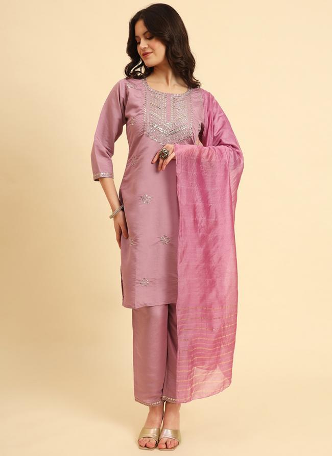 Silk Blend Pink Casual Wear Embroidery Work Readymade Kurti Set